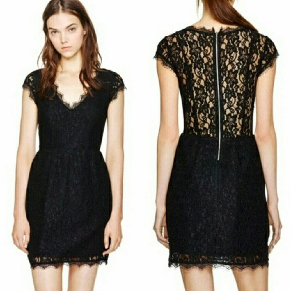 Babaton Aritzia Tobias Eyelash Lace V-Neck Sheath Dress Black Pocket Sz 2 LBD